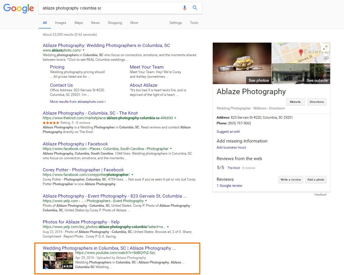 Google search showing YouTube video in SERP