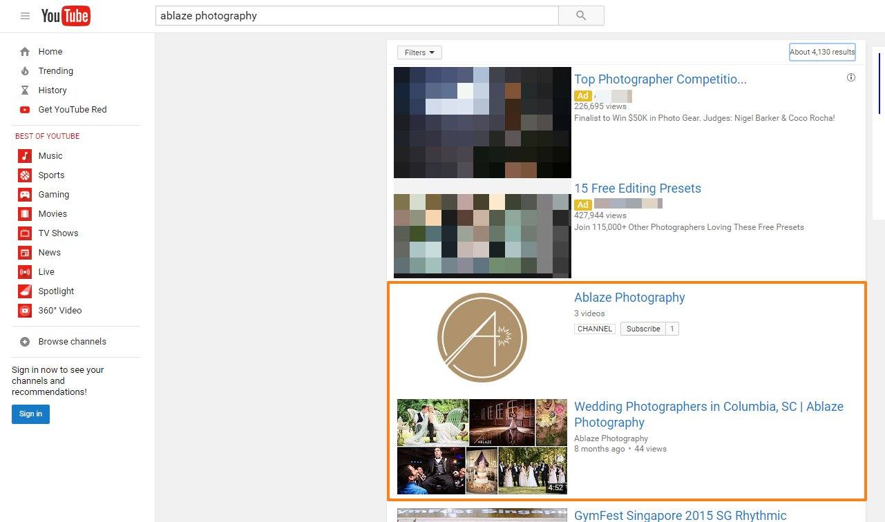 photography brand seo - youtube search