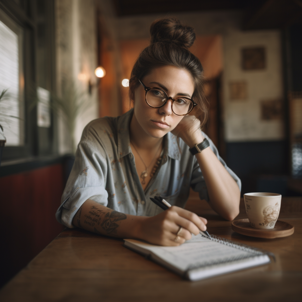 photographer in coffee shop writing goals in notebook